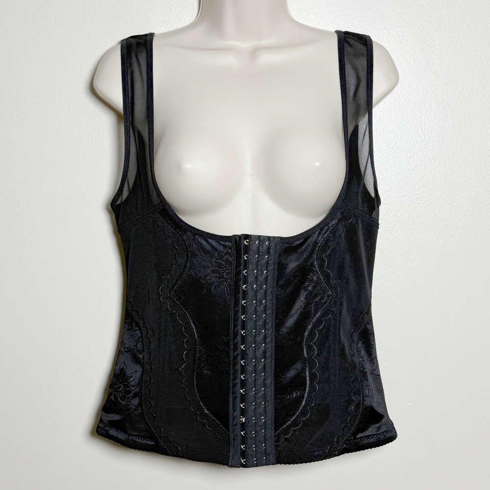 Unbranded Womens Shapewear Camisole 3X Black Hook Eye Front Mesh Floral Lace